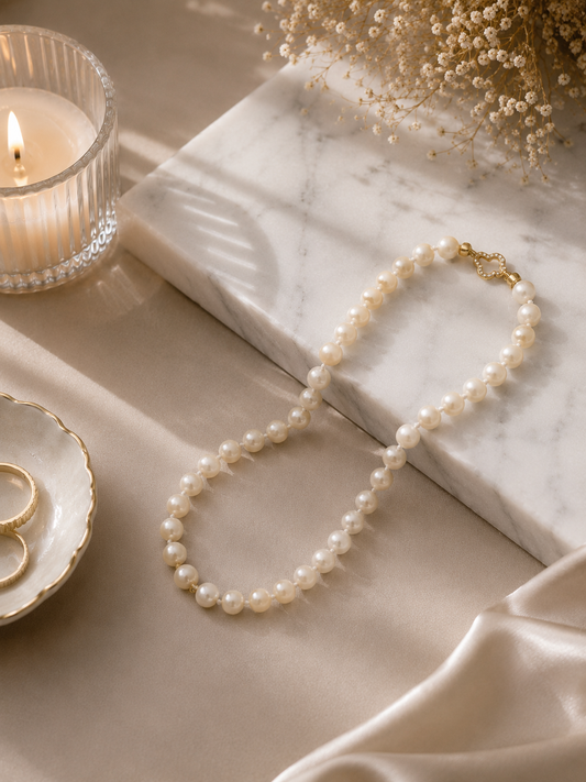 Pearl Strand Necklace with Yellow Gold Clover Clasp