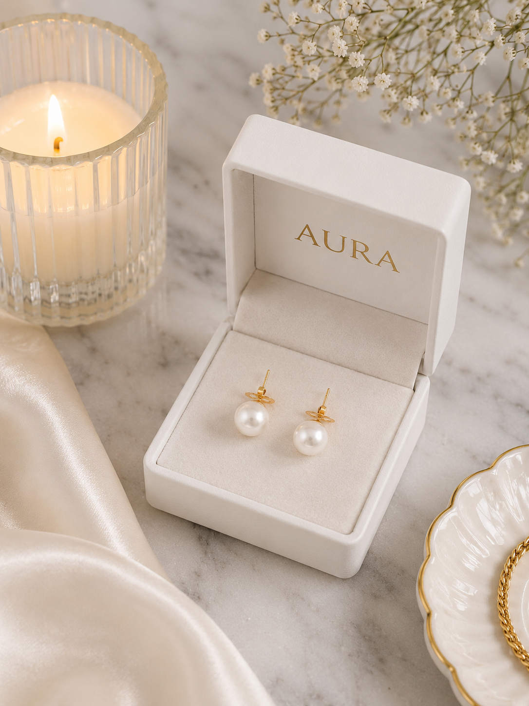 Classic White Pearl Stud Earrings in Yellow Gold