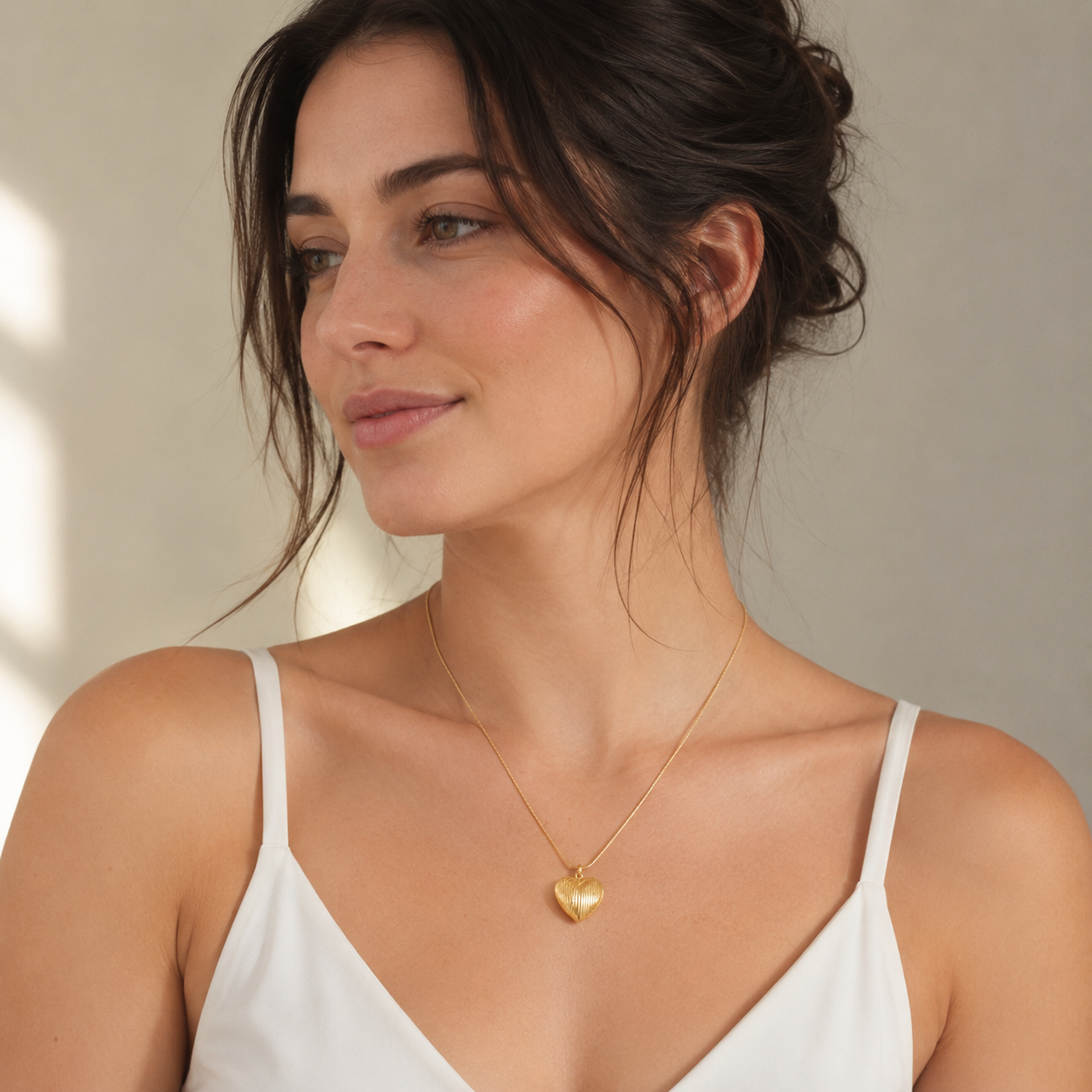 Yellow Gold Textured Puffed Heart Pendant Necklace