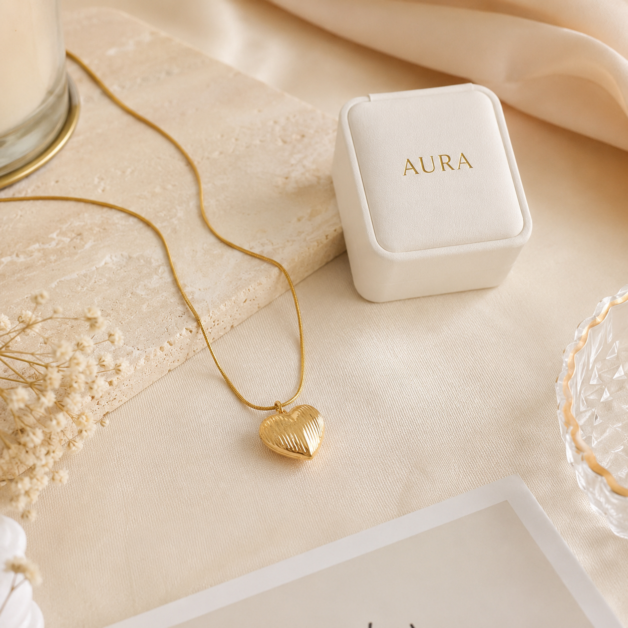 Yellow Gold Textured Puffed Heart Pendant Necklace