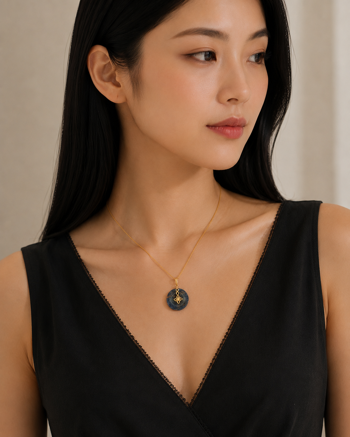Yellow Gold Lapis Lazuli Charm Necklace with Floral Motif