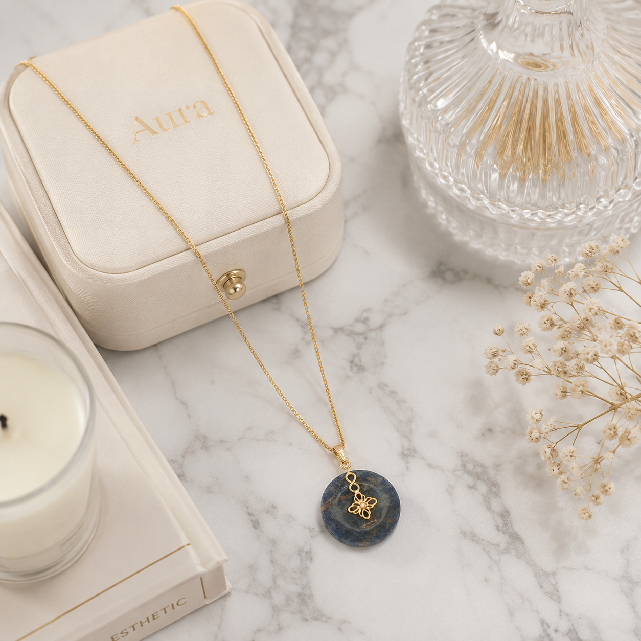 Yellow Gold Lapis Lazuli Charm Necklace with Floral Motif