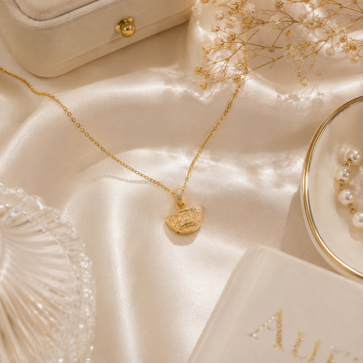 Yellow Gold Engraved Wealth Bowl Charm Necklace
