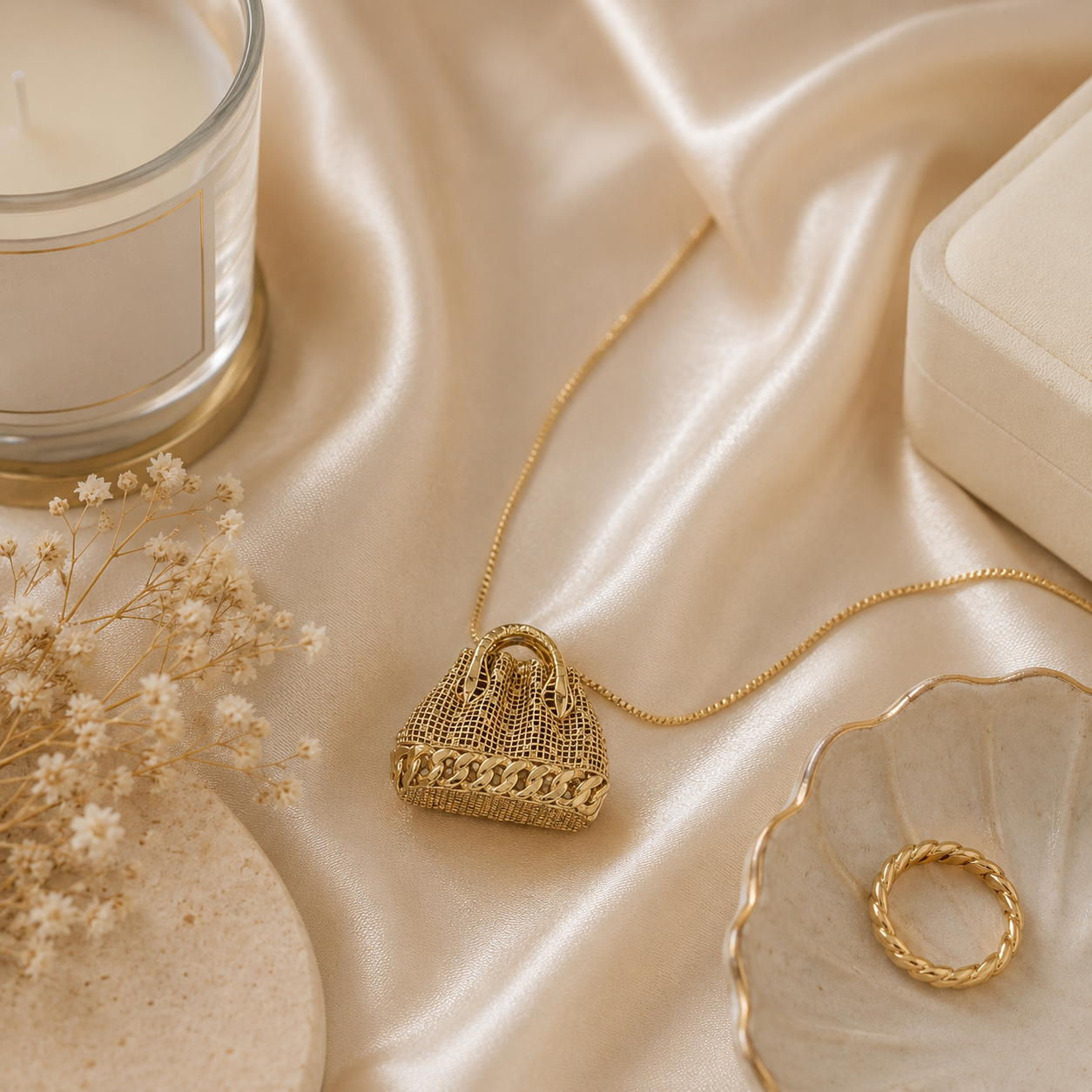 Woven Handbag Charm Necklace in Yellow Gold