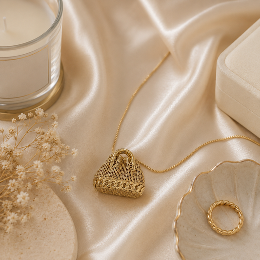 Woven Handbag Charm Necklace in Yellow Gold