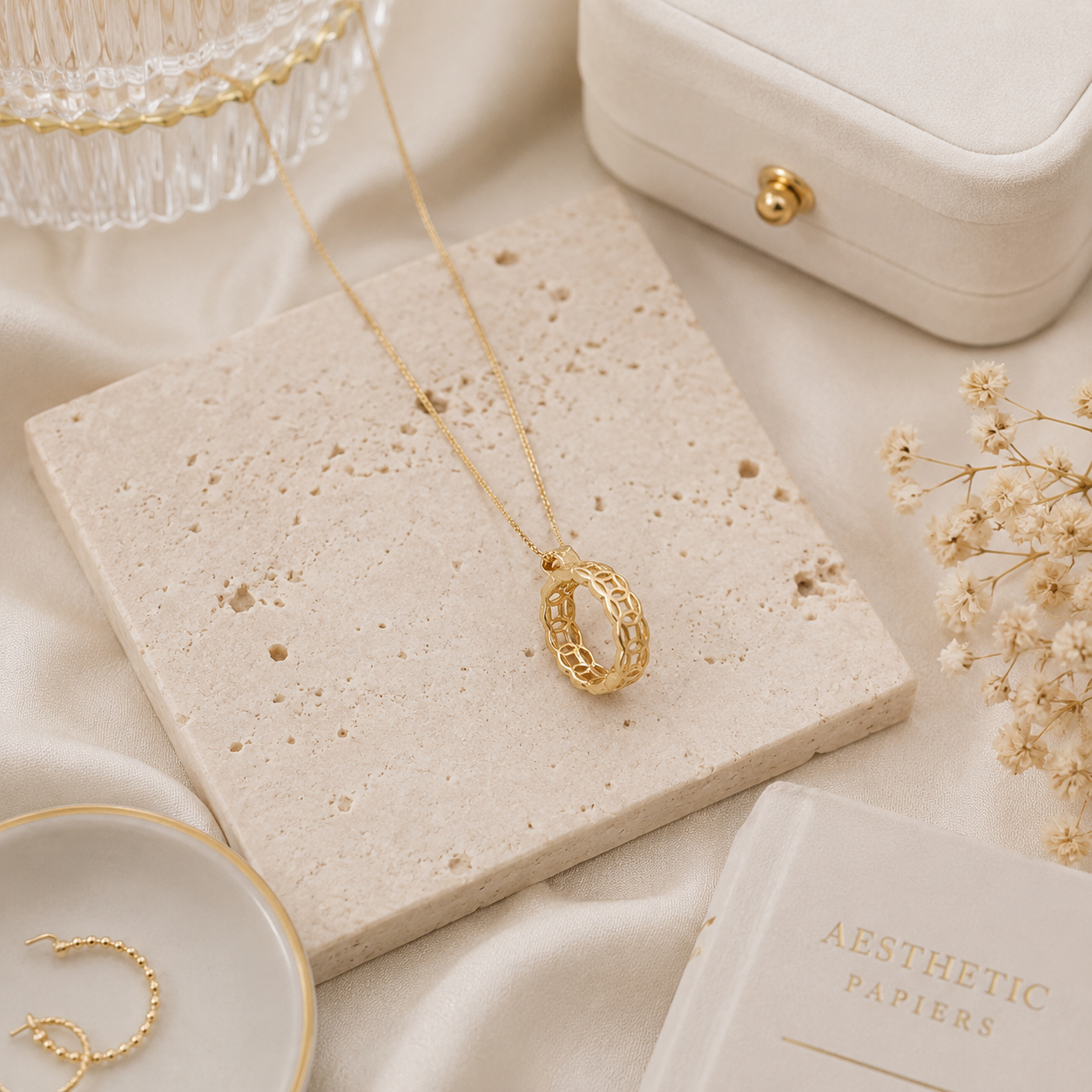 Textured Open Oval Pendant on Yellow Gold Box Chain