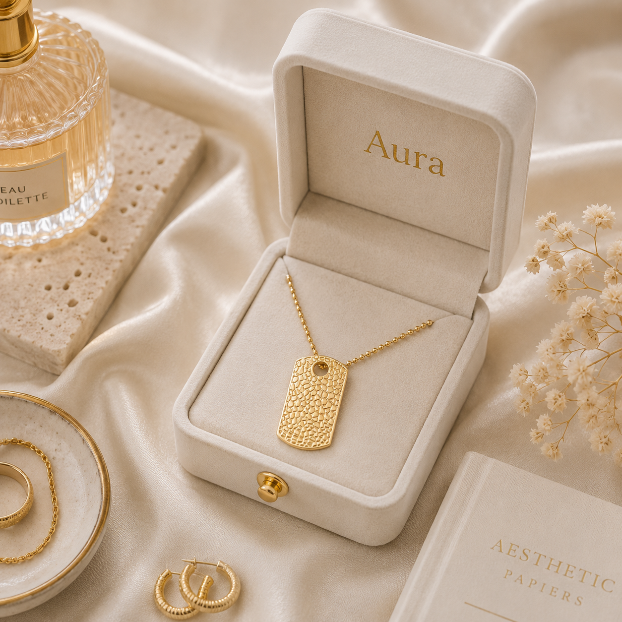 Yellow Gold Dog Tag Pendant on Bead Chain