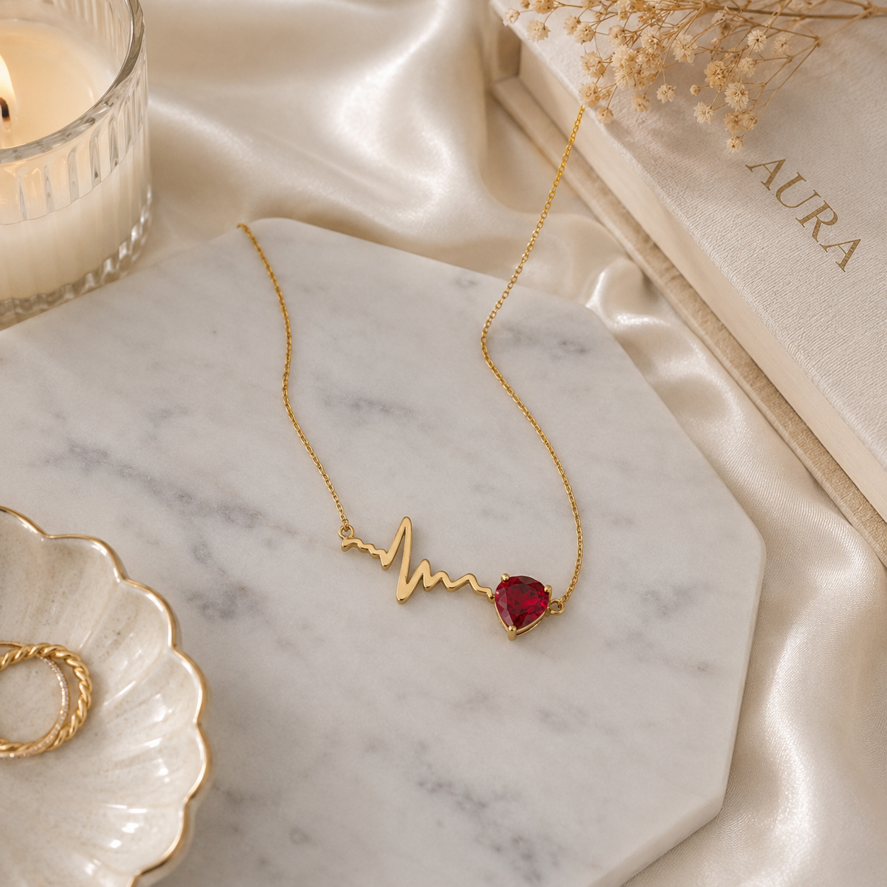 Heartbeat Motif Heart-Shaped Ruby Necklace in Yellow Gold