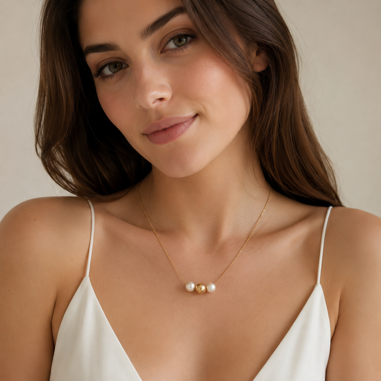 Three-Bead Pearl and Yellow Gold Necklace