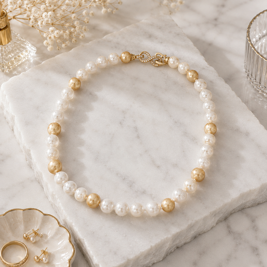 Golden and White Pearl Necklace with Yellow Gold Clasp