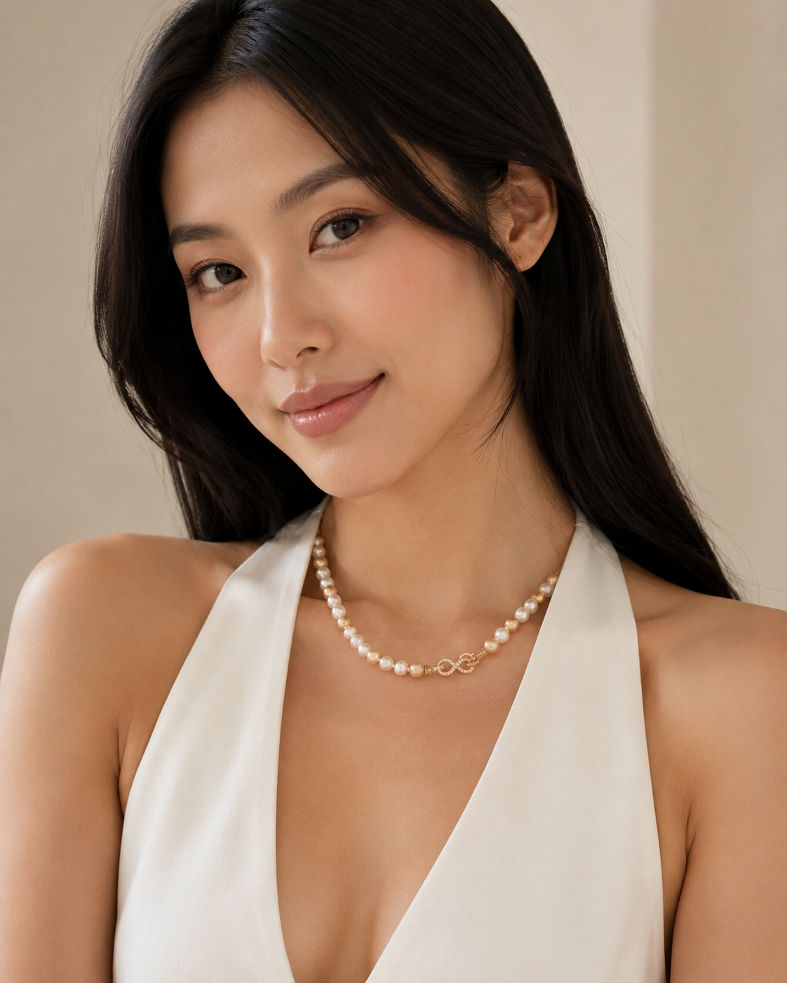 Golden and White Pearl Necklace with Yellow Gold Clasp