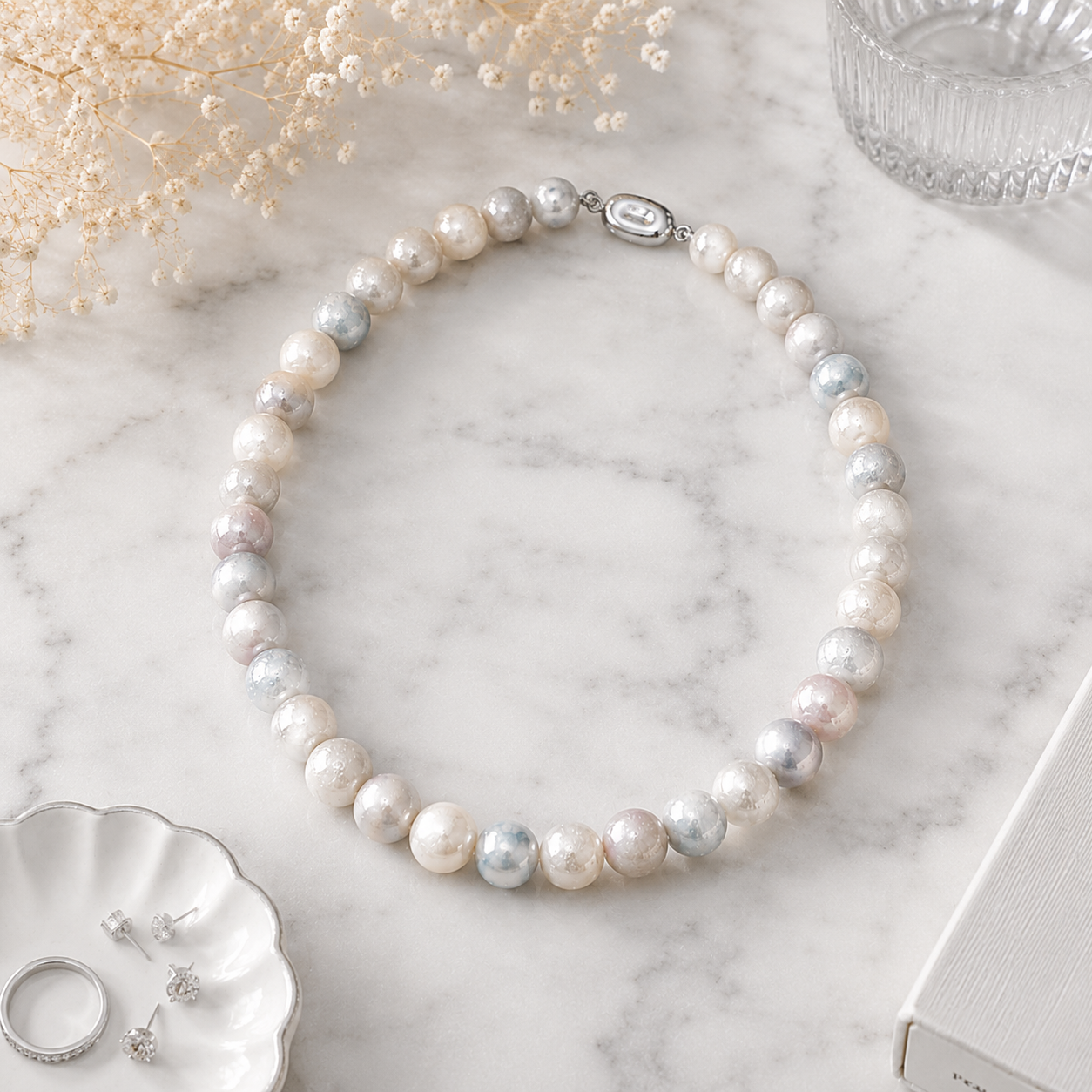 Multi-Tonal Textured Pearl Necklace with White Gold Clasp