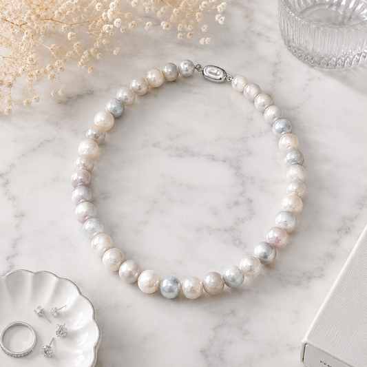 Multi-Tonal Textured Pearl Necklace with White Gold Clasp
