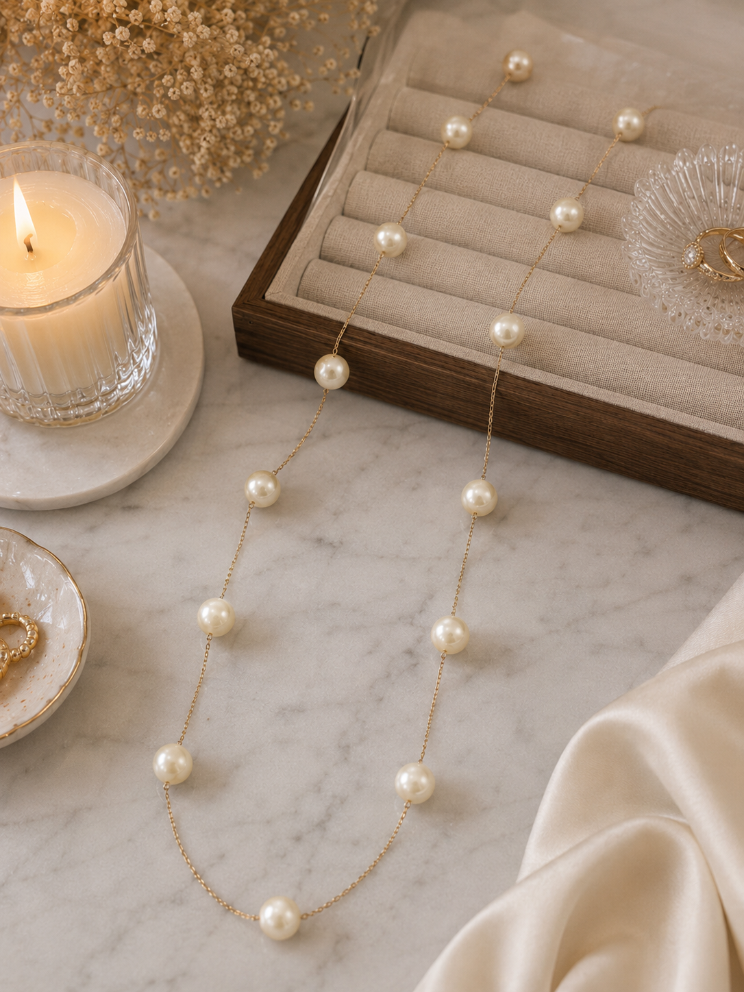 Classic Pearl Station Necklace in Yellow Gold