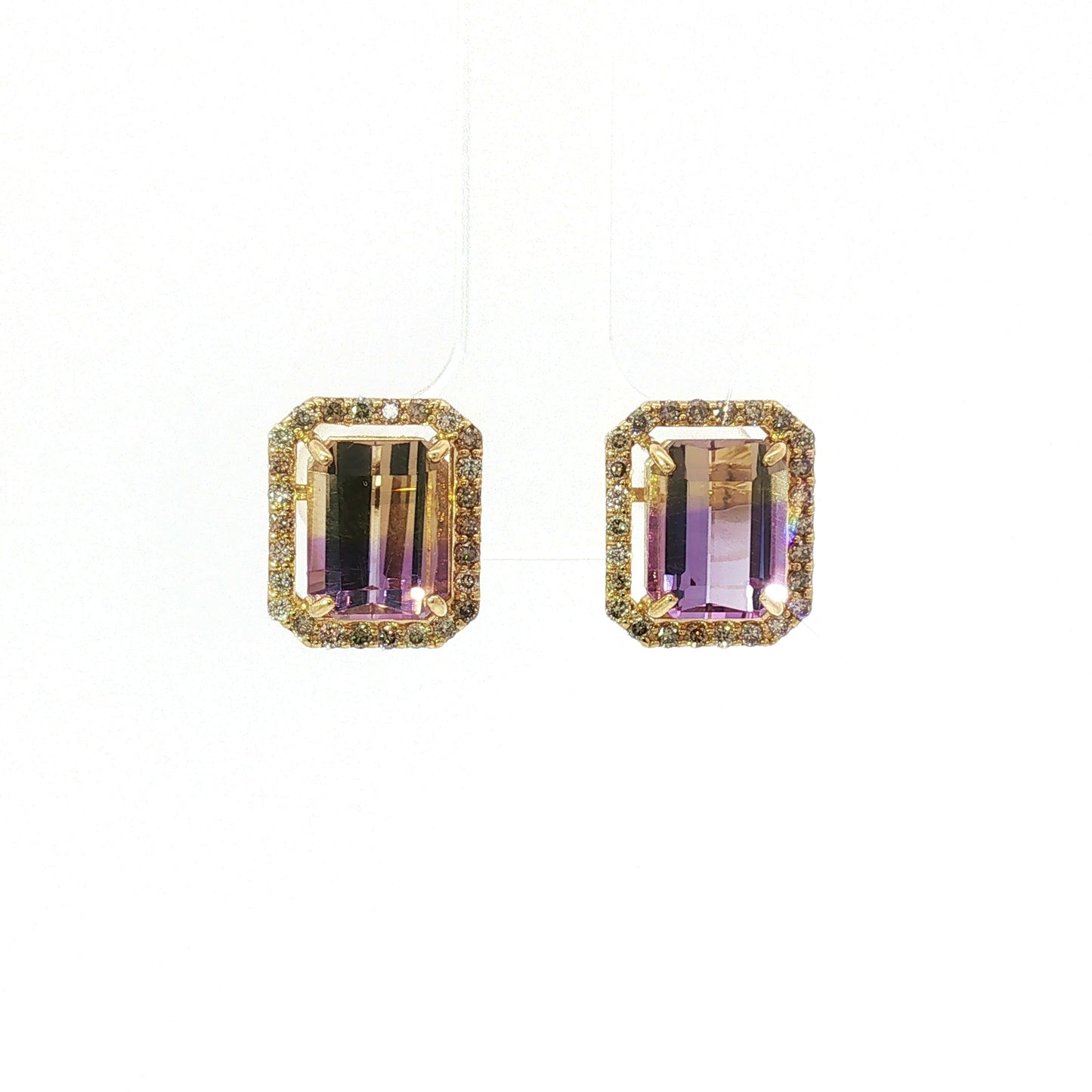 Rectangular Amethyst Halo Stud Earrings in Yellow Gold