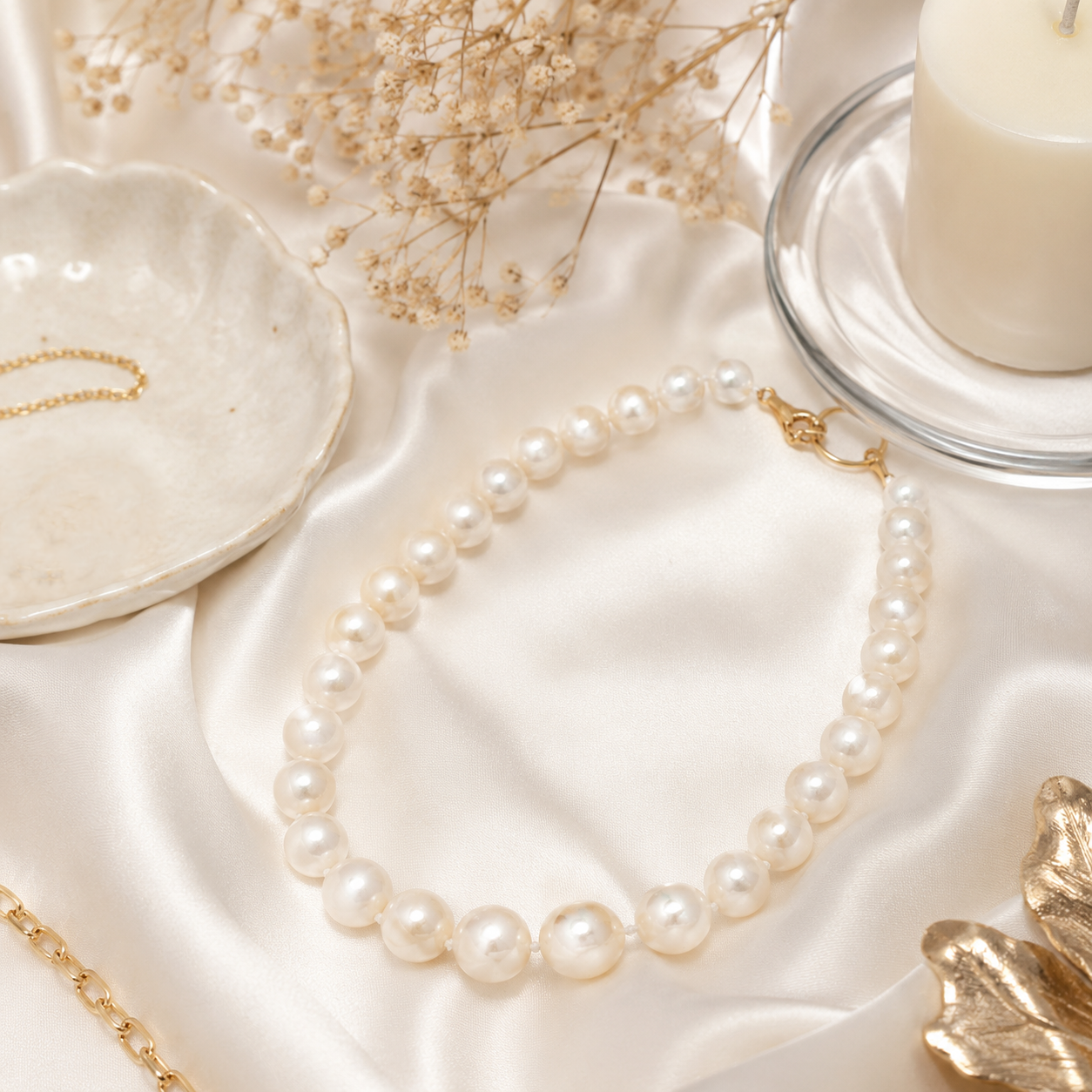 Classic White Pearl Strand Necklace with Yellow Gold Clasp