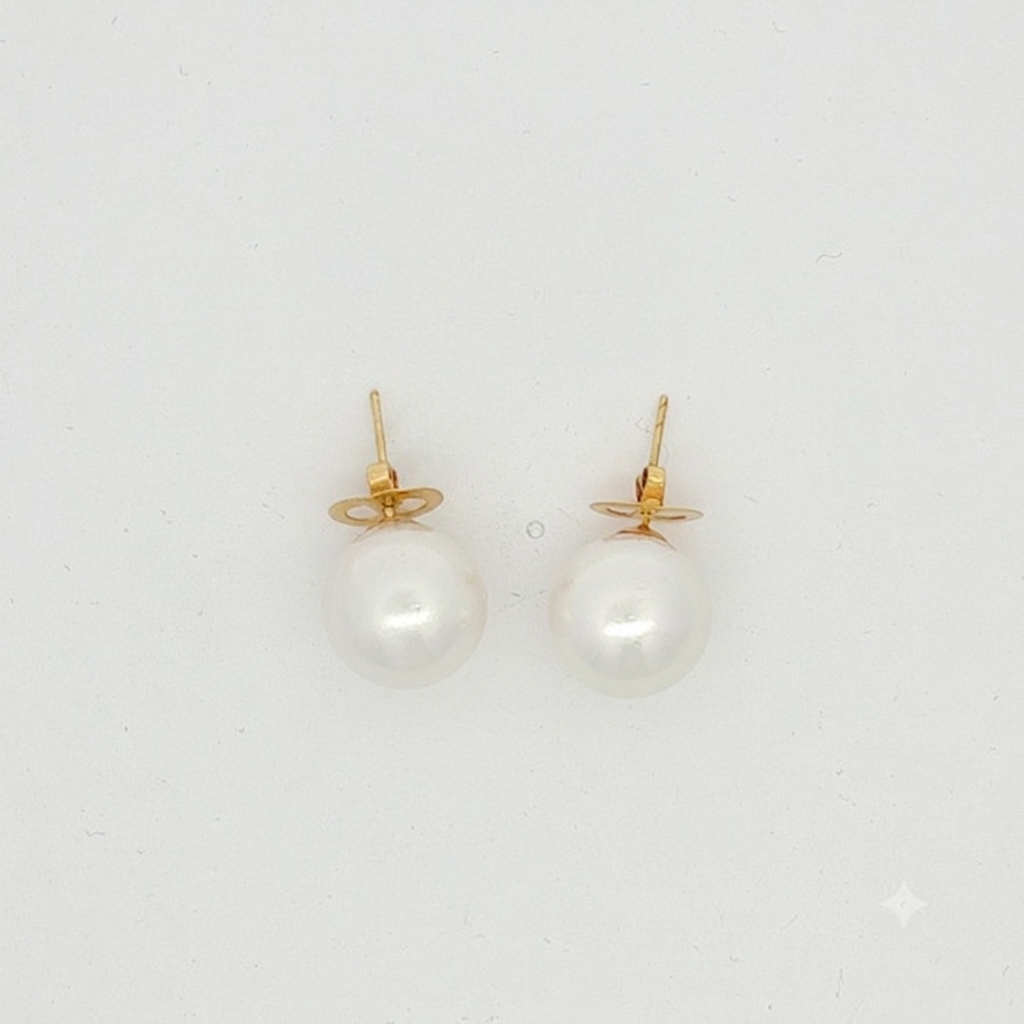 Classic White Pearl Stud Earrings in Yellow Gold