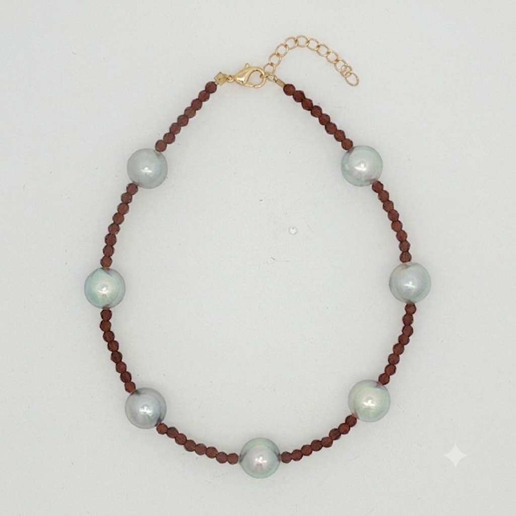 Station Pearl and Faceted Bead Necklace in Yellow Gold