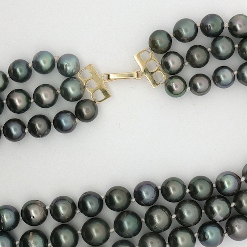Three-Strand Dark Pearl Layered Necklace with Yellow Gold Clasp