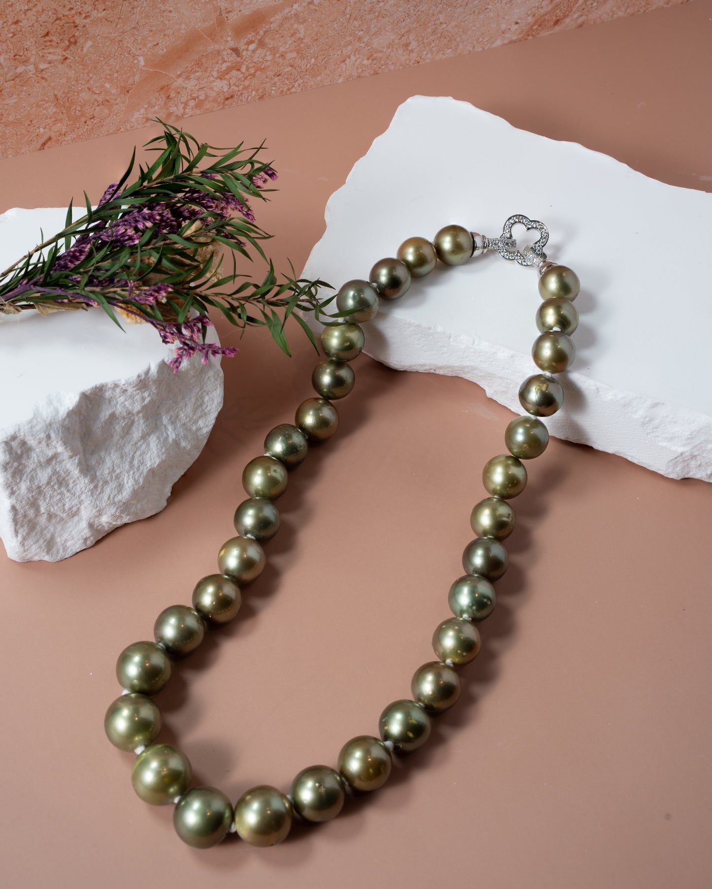Green Peacokc Pearl Necklace with Micron Pendant & Clasp