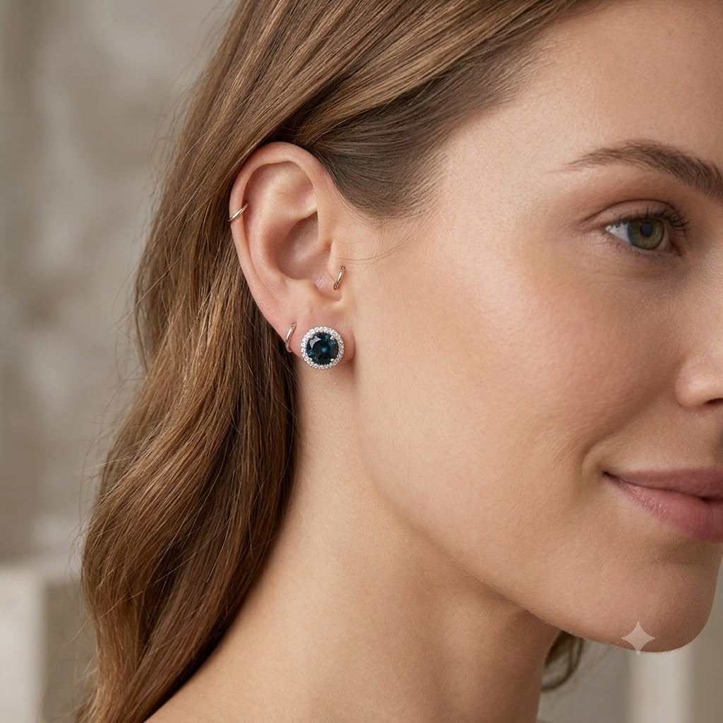 Round Topaz and White Gold Halo Stud Earrings