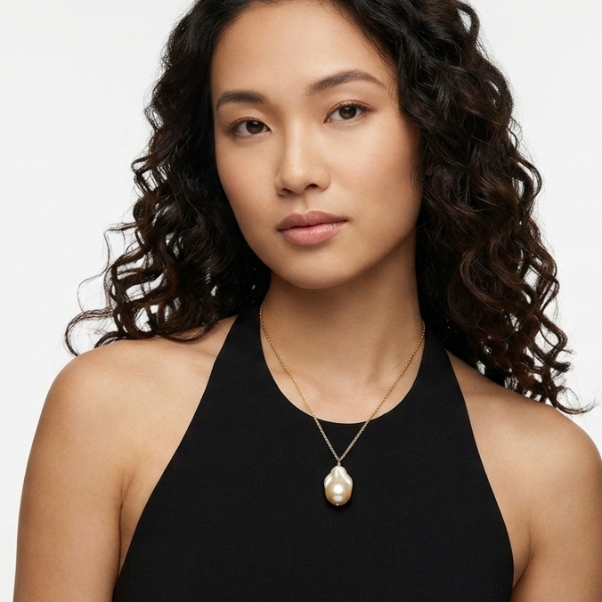 Baroque White Pearl Pendant in Yellow Gold